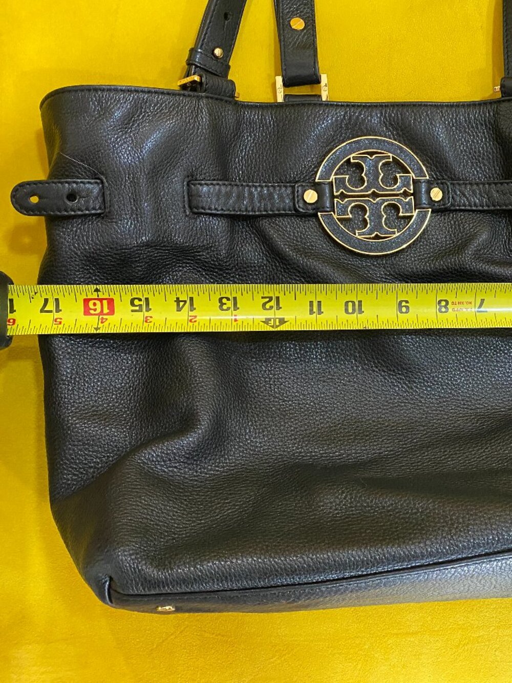 Tory Burch Amanda Black Pebbled Leather Tote Bag Gold Logo Large Shoulder Handba - Picture 8 of 8